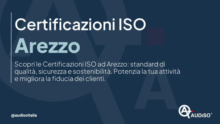 "Sfondo blu scuro con testo che promuove le certificazioni ISO ad Arezzo. Menziona qualità, sicurezza e sostenibilità, incoraggiando il rafforzamento della fiducia aziendale. Logo nell'angolo in basso a destra.