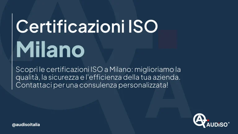 Testo in italiano su sfondo blu: "Certificazioni ISO Milano. Scopri le certificazioni ISO a Milano: miglioriamo la qualità, la sicurezza e l'efficienza della tua azienda. Contattaci per una consulenza personalizzata!" Logo nell'angolo.