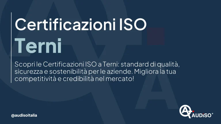 Immagine di testo con sfondo blu scuro che promuove le certificazioni ISO a Terni. Il testo italiano descrive gli standard di qualità, sicurezza e sostenibilità per le aziende, migliorando la competitività e la credibilità del mercato. Presenta un logo nell'angolo in basso a destra.